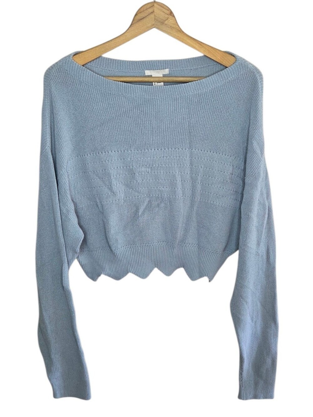 H&M Dusty Light Blue Cropped Ribbed Sweater Scalloped Hem Size 4 Casual Girly